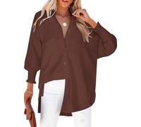 LEMAFER Women's Smocked Cuffed Striped Boyfriend Shirt with Pocket Casual Collar Long Sleeve Blouse Tops for Pocket Shirred, Solid Coffee, L
