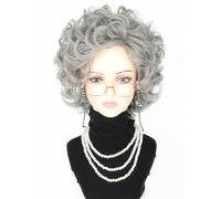 LeMarnia 5Piece Old Lady Costume Wig Silver Grey Short Curly Grandma Wig set for Cosplay Party Halloween