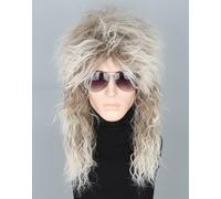 LeMarnia 70s/80s Rocker Vokuhila Wig Long Curly Brown Gradient White Unisex Adult Wig Halloween Cosplay Costume Wig