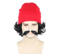 LeMarnia Black 70s Men Wig and Beard Red Knitted Hat Set Halloween Party Costume Wig
