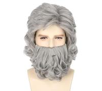 LeMarnia Old Man Wig and Beard Set Short Wavy Gray Wizard Wigs for Men Classic Gray Santa Beard and Grandpa Wig for Carnival Christmas Party