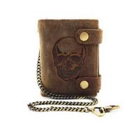 Lemasi Biker Wallet with Chain RFID Protection Hunter Leather Wallet Skull Skull, Brown high outer latch, Normal, American