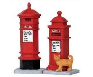 Lemax Set Of Two 2 Victorian Red Postbox Mailboxes with Collection Time Detail, Charming Ginger Cat. (14362), Christmas Model Caddington Village (Collectors Model)