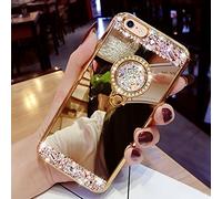 LEMAXELERS Huawei P40 Pro Case,Huawei P40 Pro Cover,Glitter Bling Diamond Rinestone Mirror Makeup Silicon TPU Soft Rubber Cover with Diamond Ring Stand Holder for Huawei P40 Pro,Diamond Mirror Gold