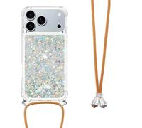 LEMAXELERS Necklace Case for iPhone 17 Pro Max Cover Glitter Bling Flowing Liquid Shiny Moving Quicksand Cover with Crossbody Lanyard Strap Neck Cord Shell for iPhone 17 Pro Max,YB GS L-Silver