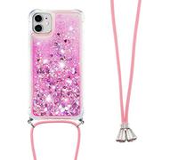 LEMAXELERS Necklace Phone Case for iPhone 14 Pro,iPhone 14 Pro Cover,Glitter Bling Flowing Liquid Shiny 3D Moving Quicksand Cover with Necklace Cord Strap for iPhone 14 Pro,GS Pink Hearts