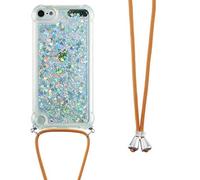 LEMAXELERS Necklace Phone Case for iPod touch 5/6 / 7 Glitter sparkle Liquid Shiny Moving Quicksand Cover with Adjustable Lanyard Cord Shockproof Cover for iPod touch 5 WTGS Silver Love