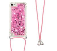 LEMAXELERS Necklace Phone Case for iPod touch 5/6 / 7 Glitter sparkle Liquid Shiny Moving Quicksand Cover with Adjustable Lanyard Cord Shockproof Cover for iPod touch 5 WTGS Pink Love