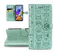 LEMAXELERS Nokia C2 2ND Edition Phone Case Nokia C2 2ND Edition Cover,Cute Cat Dog Embossed Folding Stand PU Leather Wallet Flip Cover Case with Card Slots, Magnetic Closure for Nokia C2,SD Cat Green