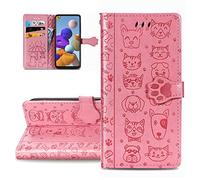 LEMAXELERS Samsung Galaxy A32 5G Phone Case Galaxy A32 5G Cover,Cute Cat Dog Embossed Folding Stand PU Leather Wallet Flip Cover Case with Card Slots, Magnetic Closure for Galaxy A32 5G,SD Cat Pink