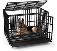 Lemberi Heavy Duty Dog Cage Crate, Pet Kennel Strong Metal for Training Large Dog, Easy to Assemble, with Two Prevent Escape Lock, Lockable Wheels, Removable Tray for Indoor Outdoor (42in, Black)