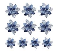 LEMCC 10PCS Artificial Poinsettia Christmas Flowers Decorations with Clips Blue Poinsettia Flowers Glitter Christmas Tree Ornaments for Xmas Wedding Party Wreath DIY, 11cm/4.3inch