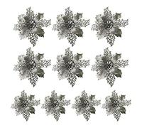 LEMCC 10PCS Artificial Poinsettia Christmas Flowers Decorations with Clips Silver Poinsettia Flowers Glitter Christmas Tree Ornaments for Xmas Wedding Party Wreath DIY