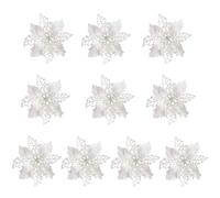 LEMCC 10PCS Artificial Poinsettia Christmas Flowers Decorations with Clips White Poinsettia Flowers Glitter Christmas Tree Ornaments for Xmas Wedding Party Wreath DIY