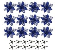 LEMCC 12PCS Christmas Glitter Poinsettia 16cm Artificial Blue Poinsettia Flowers with Clips Christmas Tree Flowers decorations for Xmas Tree Wreaths Garland Holiday Decor