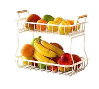 LEMCC 2 Tier Fruit Basket, Fruit Vegetable Stand with Wood Handle, Metal Wire Basket, Fruit Bowl Vegetable Storage Organizer for Kitchen Countertop Counter(White)