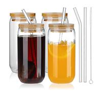 LEMCC 4 Pack Mason Jar with Wooden Lid and Straw 16OZ Wide Mouth Drinking Glasses with Straw Brush Reusable Boba Cups Travel Bottle for Large Pearl Juices Cocktail