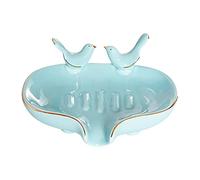 LEMCC Self-Draining Soap Dish Blue Ceramic Soap Holder with Birds Nordic Style Tabletop Drainable Soap Box Container for Bathroom Shower