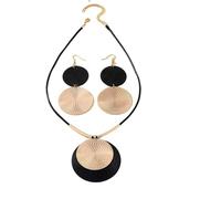 Lemeija New Disc Pendant Necklace Earrings Set,Leather Cord Pendant Necklace High-end, luxurious, and fashionable pendant,Black and Gold Disc Jewelry Sets for Women.