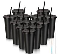 Lemicin 12pcs Drinking Cup Tumbler Cups with Straw and Lid, 24oz Plastic Tumblers Reusable Cold Cups Black Glitter Travel Mugs for Cold Drinks Iced Coffee Smoothie for Parties