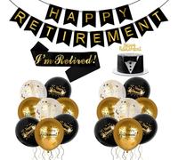 Lemicin 20pcs Retirement Party Decorations Kit With Banner, Sash, Cake Topper, 15 Balloons, 2 Ribbons for Retirement Party Supplies Black Gold
