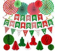 Lemicin 23pcs Paper Christmas Decorations Pack Merry Christmas Banner Bunting Fans Honeycomb Ceiling Hanging Indoor Decor for Xmas Party Supplies