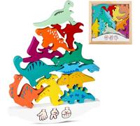 Lemicin Dinosaurs Stacking Wooden Toy - Wooden Dinosaur Stacking Toy, 12 Pieces, Ages 1-3, Fine Motor Skills Development, Perfect for Gifts