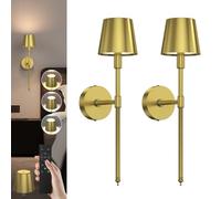 LEMIKKLE Wireless Wall Sconces Set of 2, Rechargeable Metal Wall Lights with Dimmable 3 Colors, 5000mAH, Can Last 24H, Wireless Wall Lights Suitable for Bedroom, Living Room and Bathroom (Gold)