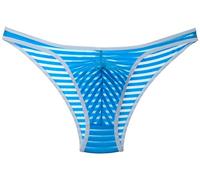 Lemja Men's Bordered Bikini Brief Mesh Striped Thong Briefs Underwear Mini Pants Blue M