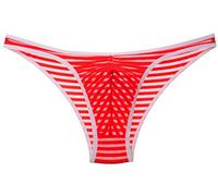 Lemja Men's Bordered Bikini Brief Mesh Striped Thong Briefs Underwear Mini Pants Red M