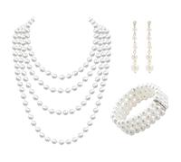 LEMLIN 20s Accessories Women's Elegance 3-Piece Set: Pearl Necklace, 3 Rows Stretch Bracelet & Faux Pearl Earrings, with Gatsby Design, Suitable for Party, Prom & Wedding