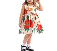 Lemoiitea Casual Dress for Girls Fashion Printing Round Neck Waist Pleated Dresses Summer Short Sleeve Loose Dress Sale Clearance Kids Clothes Children Age 3-7 Years Orange