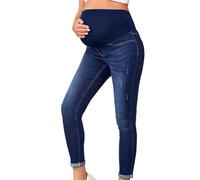 Lemoiitea Denim Trousers for Women Maternity Over The Belly Elastic Waist Long Pants Casual Pregnant High Waist Belly Support Denim Pants Fashion Pregnancy Jeans with Pockets