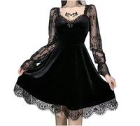 Lemoiitea Gothic Evening Dress Women Long Sleeve Hollow Out Lace Patchwork Punk Dress Halloween Cute Splicing Midi Dress Elegant Party Ball Gowns Cocktail Dress Wedding Guest Dress Black