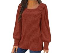 Lemoiitea Knitted Shirts for Women Stylish Solid Color Puff Sleeve Hem Split Pullover Tops Sale Casual Loose Square Neck Long Sleeve Tunic Blouses Spring Fall Jumpers Brown