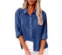 Lemoiitea Ladies Fashion Lapel Shirts for Business V Neck Solid Color Tops Stylish Casual Button Shirts Cuffed Sleeve Tunic Tops Blouse Womens Summer Long Sleeve Blouse for Work Dark Blue