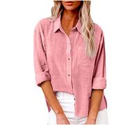 Lemoiitea Ladies Fashion Lapel Shirts for Business V Neck Solid Color Tops Stylish Casual Button Shirts Cuffed Sleeve Tunic Tops Blouse Womens Summer Long Sleeve Blouse for Work Pink