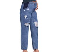 Lemoiitea Women's Denim Long Pants Fashion Break Hole Trousers for Pregnancy Maternity Underbelly Jeans Belly Support Pregnant Pants Mother Denim Trousers Casual Pregnant Jeans