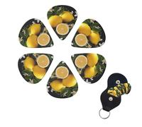 Lemon and Flower Guitar Picks 6 Pack, 0.96mm Thickness Celluloid Bass Pick with Leather Guitar Pick Holder Keychain Abstract Art Pics Plectrum for Acoustic Electric Guitar, Ukulele, Bass