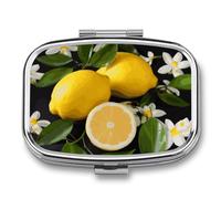 Lemon and Flower Pill Box 2 Compartment, Portable Pill Case with Mirror for Pocket Purse Travel, Mini Metal Medicine Organizer for Vitamins Fish Oil