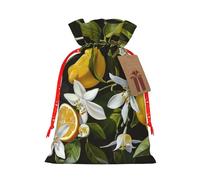 Lemon and Flower Printed Christmas Drawstring Bags for Xmas Gift Wrapping, Red Christmas Ribbon, M
