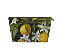 Lemon and Flower Printed Toiletry Bag for Women Girl Portable Travel Cosmetic Bag Leather Makeup Pouch Organizer with Silver Zipper