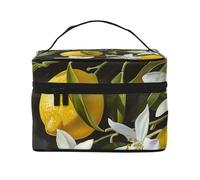 Lemon and Flower Prints Makeup Bag for Women Men, Travel Cosmetic Bag Large Wide-Open Portable Toiletry Bag with Handle