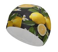 Lemon and Flower Swim Cap for Adult, Elastic Fabric Swimming Cap, Comfortable Bathing Cap for Long & Short Hair