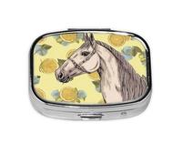 Lemon and Horse Print Pill Box Square Pill Case 2 Compartment Small Metal Medicine Organizer Portable Travel Pillbox for Pocket Purse Cute Mini Pill Container to Hold Daily Vitamins