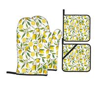 Lemon and Leaf 4pcs Oven Mitts and Pot Holders Sets, Kitchen Soft Quilted Cotton Lining, Kitchen Utensils Set, for Cooking Baking Grilling BBQ Gift