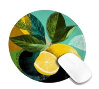 Lemon and Leaf Desk Mouse Pad, Bright Yellow Citrus Design Stitched Edge Mousepad, Rubber Non-Slip Washable Gaming Mouse Pad for Home and Office Computer, Laptop Round 8x8 Inch