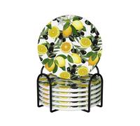 Lemon And Olive,Round Ceramic Coasters, Mugs Pad, Cups Mat Set of 6 Drinks Coasters With Holder
