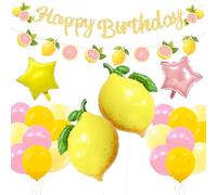 Lemon Balloons Birthday Party Decorations with Green Leaves, Summer Fruit Themed Party Set for Kids and Adults, Pink and Yellow Balloon Garland, Lemonade Stand Decorations