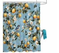 Lemon Bird Shower Curtain for Bathroom, Spring Summer White Floral Leaf Branch Bird Yellow Lemon Blue Waterproof Cloth Fabric Bathroom Accessories Set with 12 Rust Proof Plastic Hooks, 72” x 96”